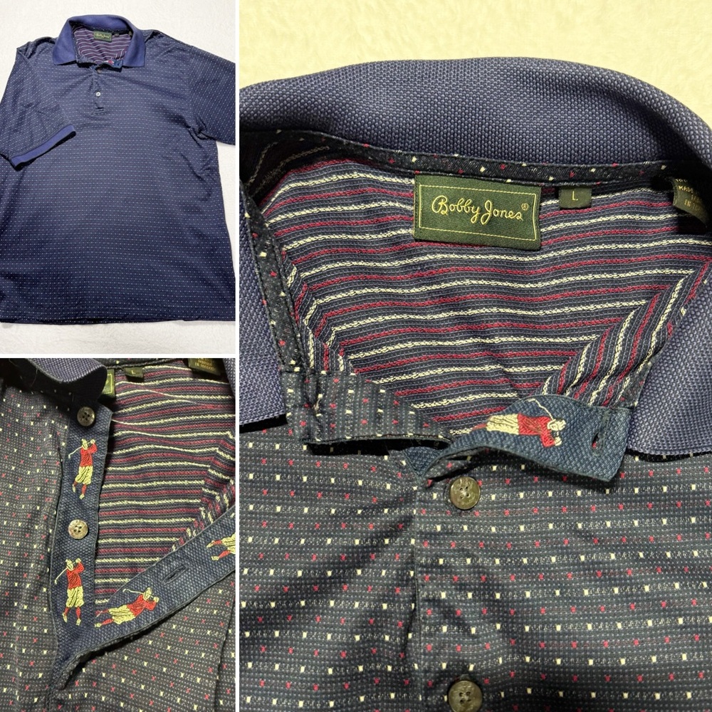 Bobby Jones vintage golf polo Navy and Red. Size Large hidden golfer